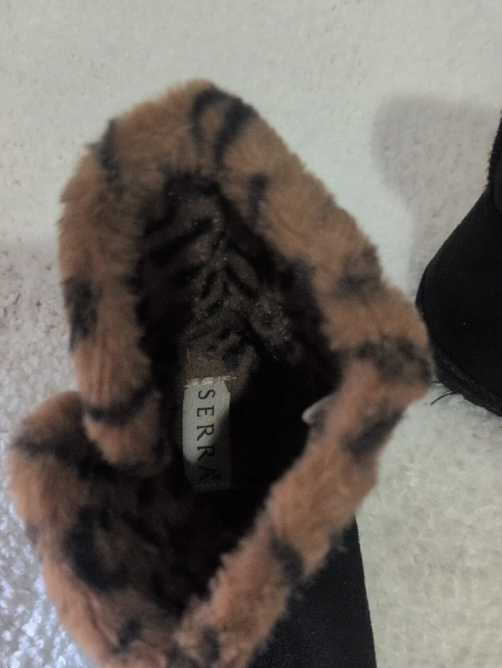 Serra Black Kids Winter Boots with Brown Leopard Faux Fur Trim